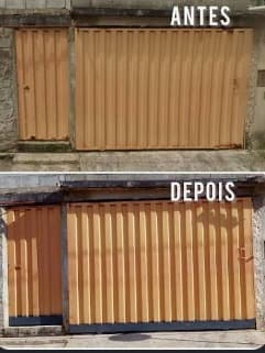 Portão antes com pintura desgastada e depois com acabamento renovado